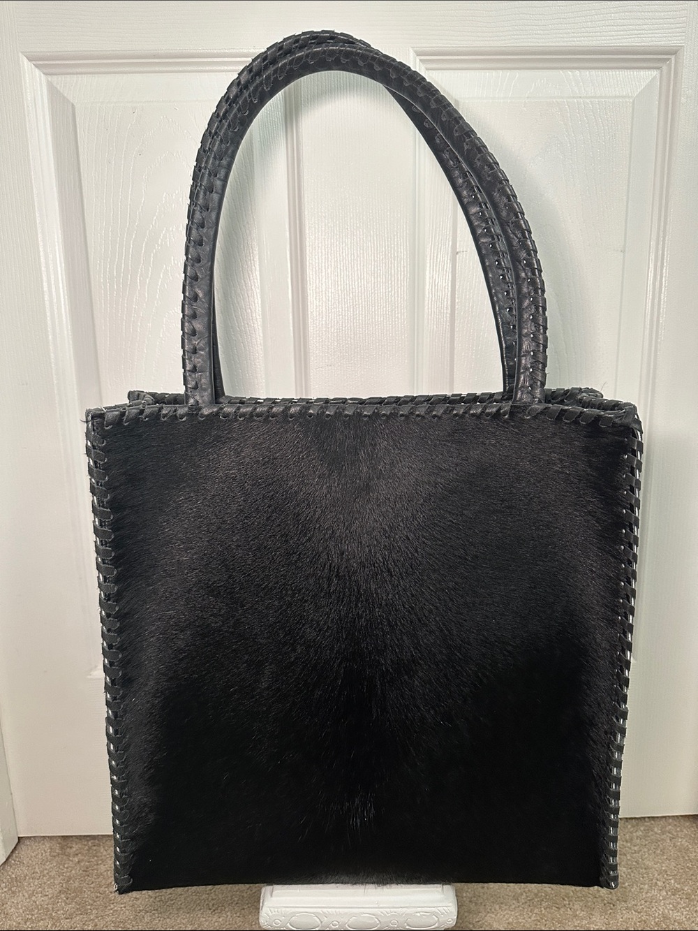 Structured Black Haircalf Tote with Braided Trim, black croc leather on opposite